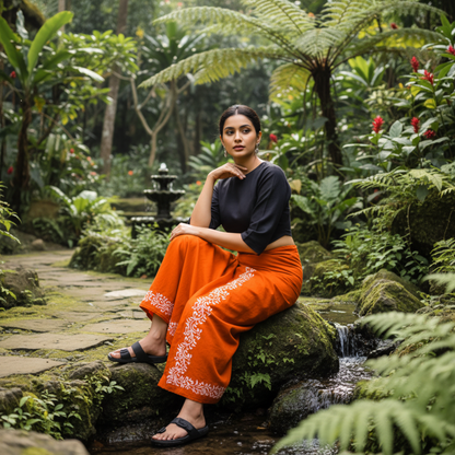Collage of a man wearing an orange traditional outfit with white patterns in various outdoor settings.