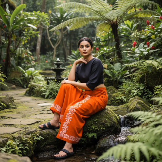 Collage of a man wearing an orange traditional outfit with white patterns in various outdoor settings.