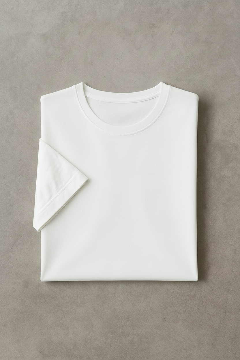 Folded white V-neck shirt on a beige background