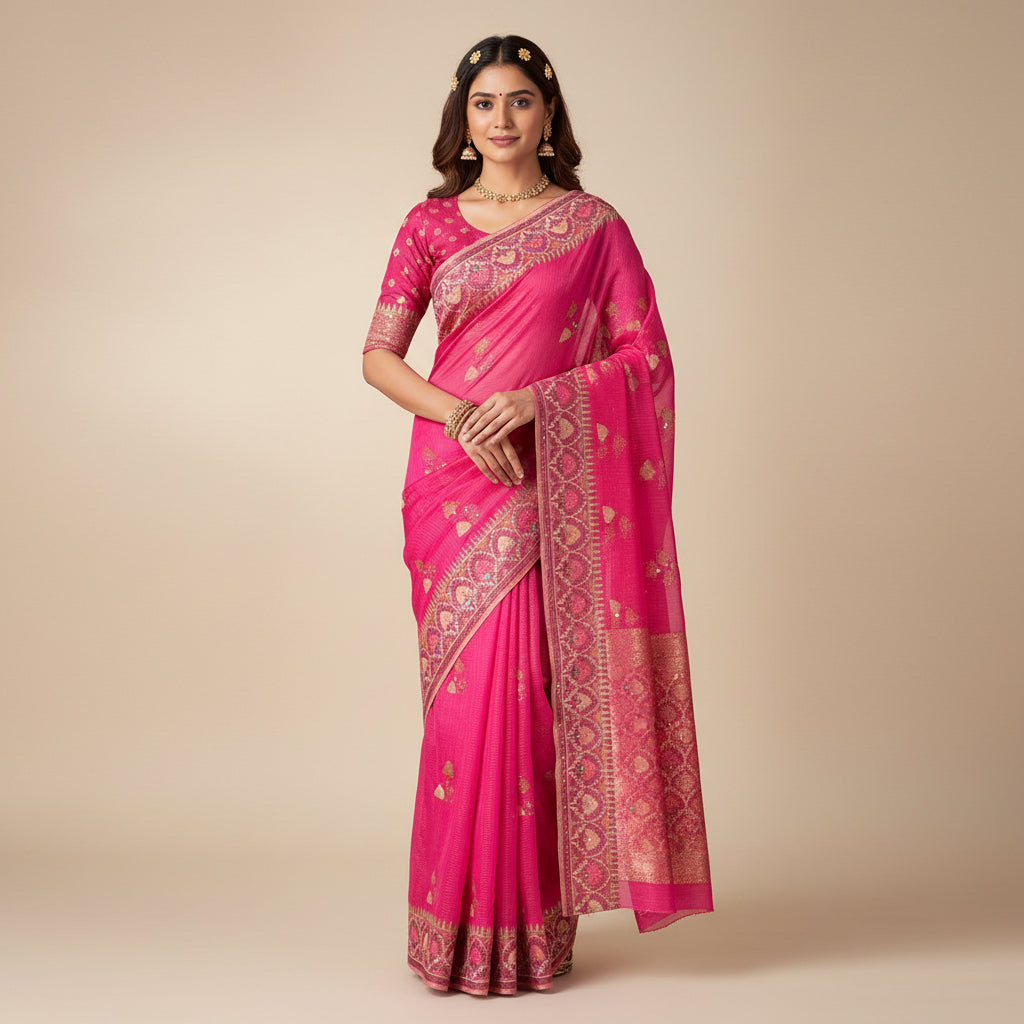 Pink saree with intricate patterns and a matching blouse on a white background