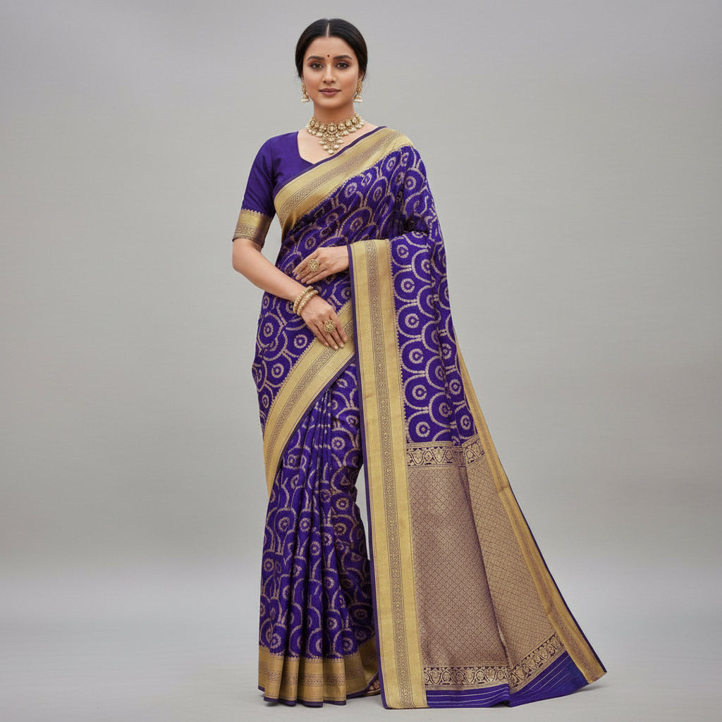 Woman wearing a purple and beige saree with a pool and building in the background