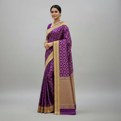 Purple and gold saree with intricate patterns, worn by a model and displayed on a wooden board.