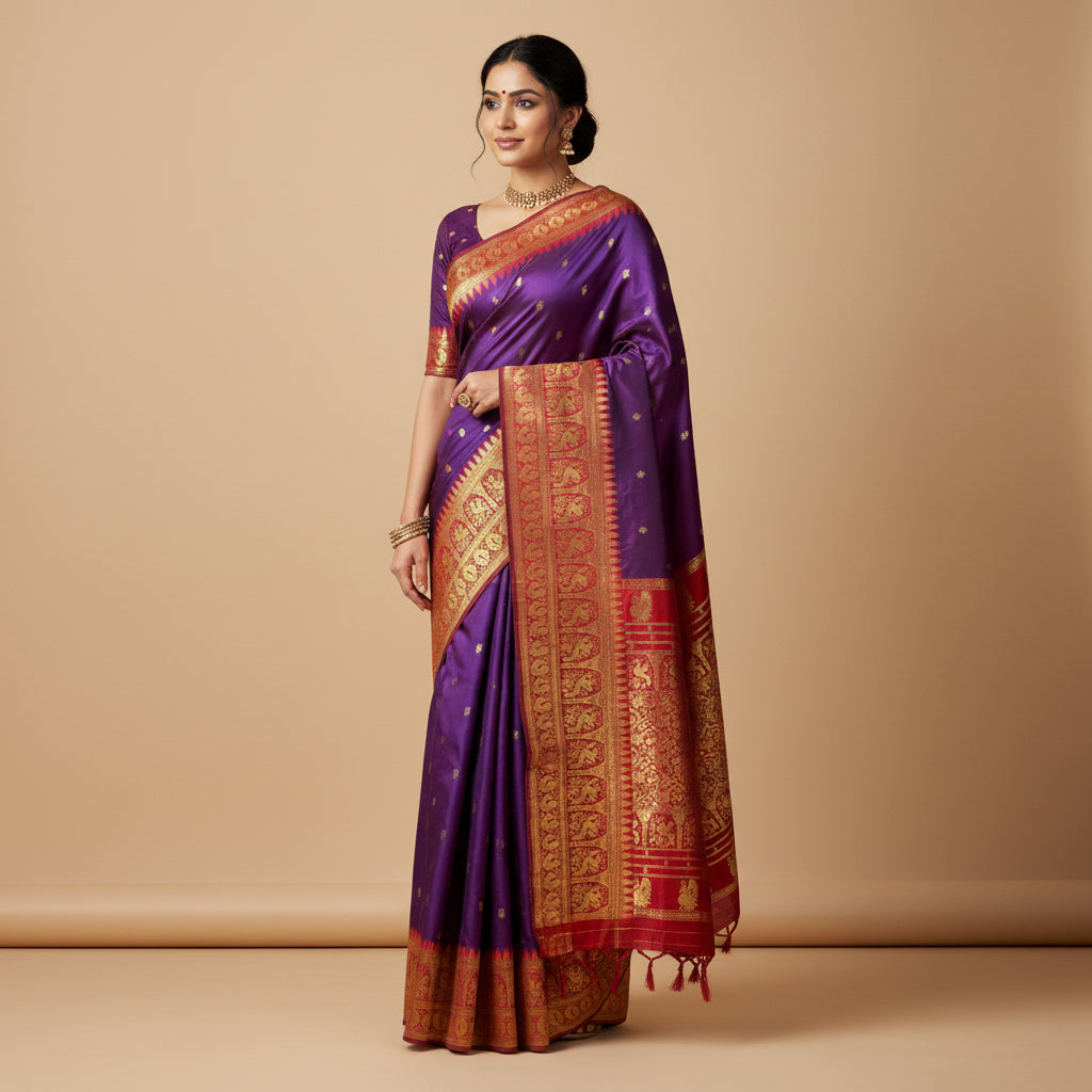 Purple and red saree with gold patterns on a white background