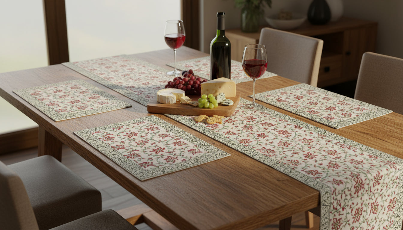 Hand Block-Printed Table Runner & Mat Set with Climbers