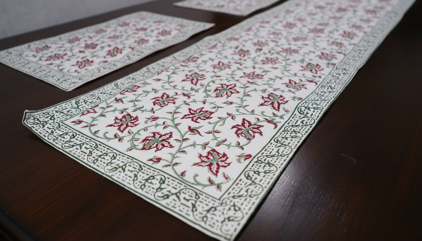 Hand Block-Printed Table Runner & Mat Set with Climbers