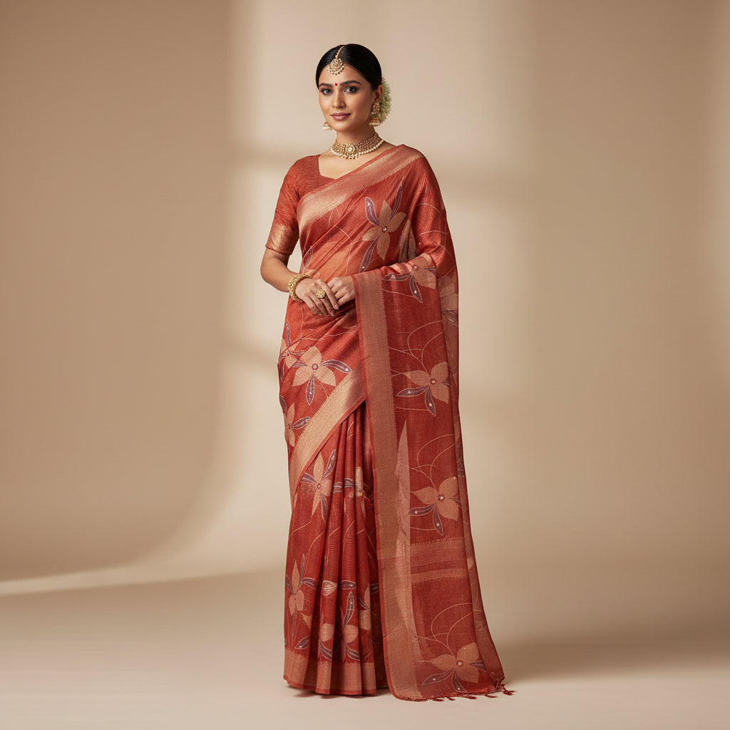 Red fabric with floral patterns and a decorative item on a white background