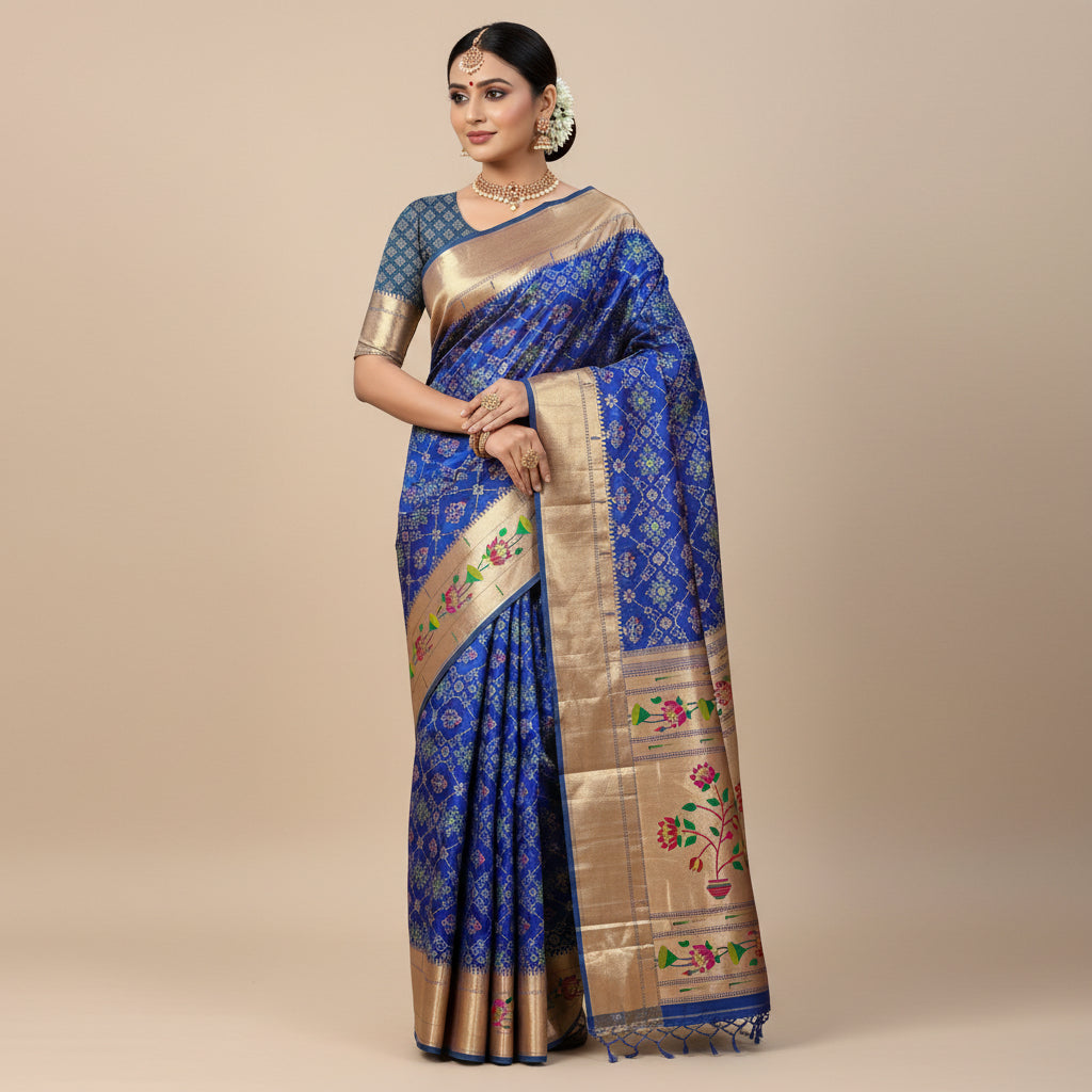 Decorative saree with floral patterns on a blue background