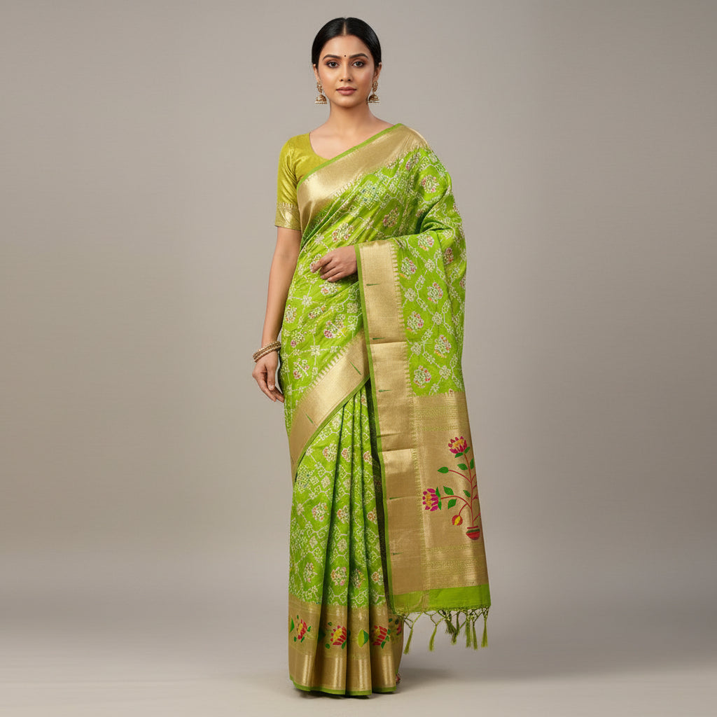 Green Saree samples with different patterns on a flat surface.