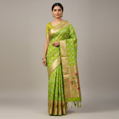Green Saree samples with different patterns on a flat surface.