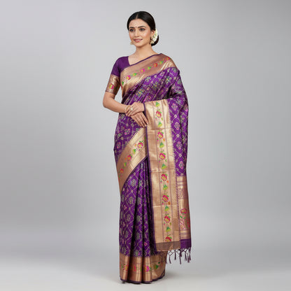 sarees with different patterns, one purple and one with floral designs, on a white background.