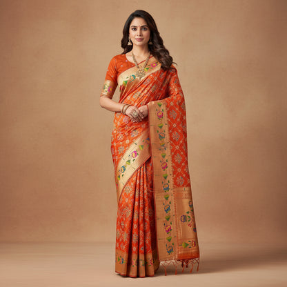 Saree fabric with intricate patterns and a rolled-up fabric roll on an orange background.