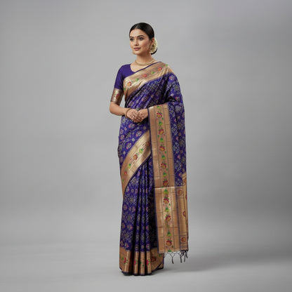 Saree with blue and gold patterns on a white background