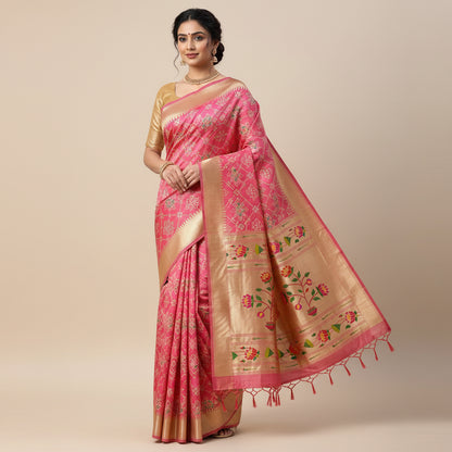 Colorful fabric with intricate patterns on a Pink  background