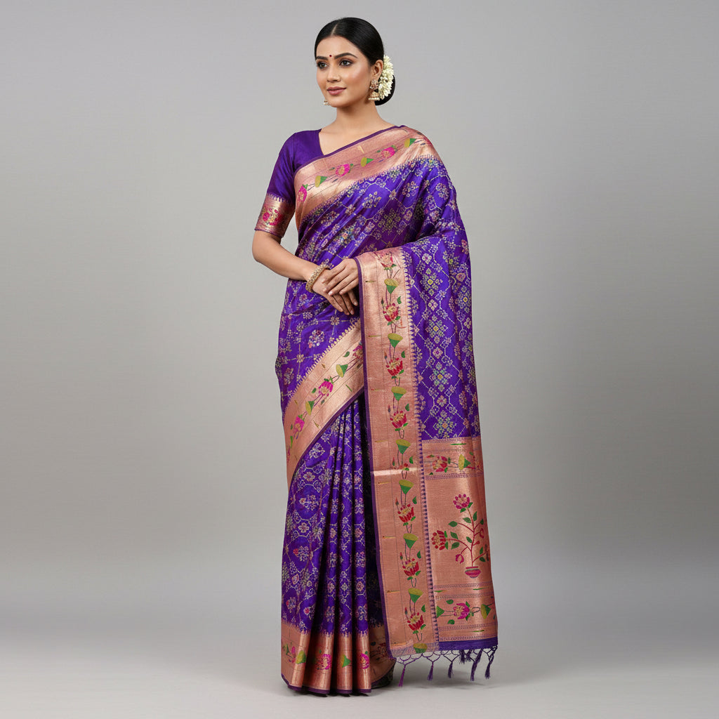 Purple and pink patterned fabric with a decorative roll on a white surface