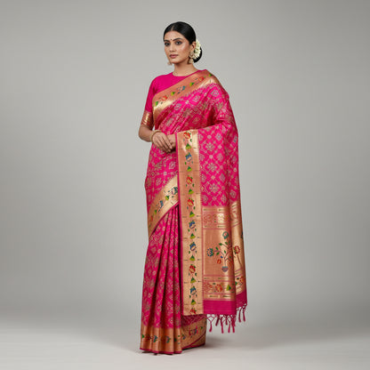 Saree with pink and gold patterns on a white background