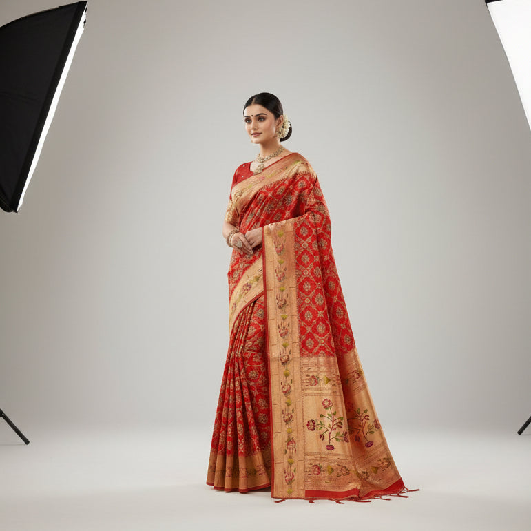 Red and beige patterned fabric with a decorative border