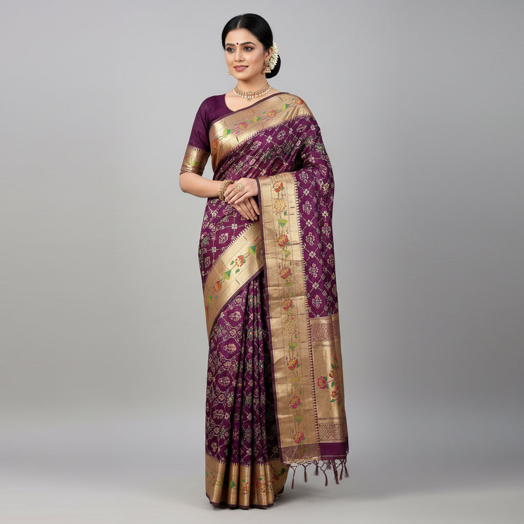 Saree with purple and beige patterns, labeled 'Wine'.