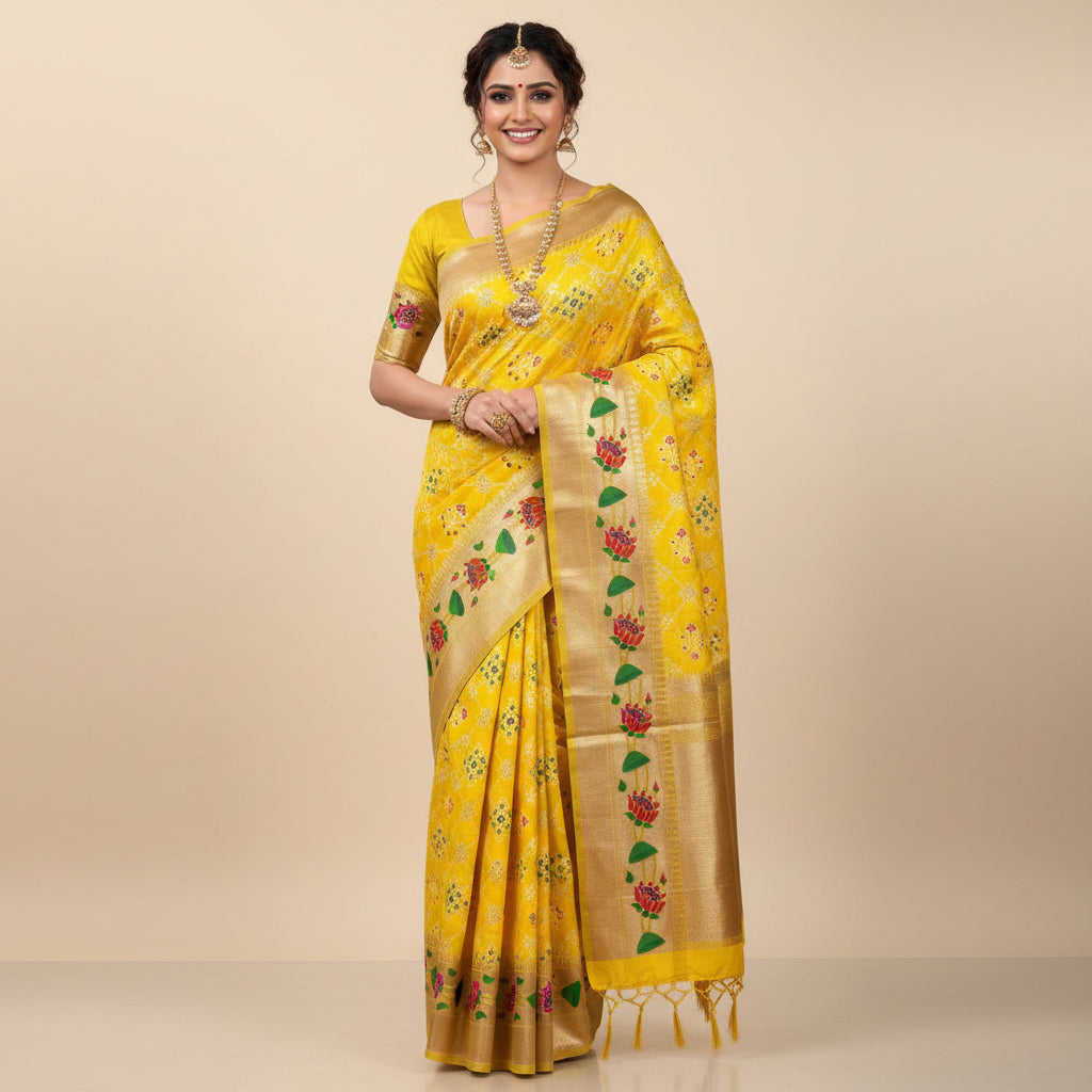 Colorful fabric with floral patterns and a yellow object on a blue background