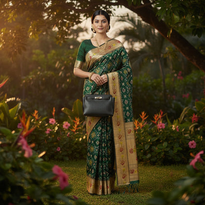 Two sarees with floral patterns, one dark green and one beige with floral design, on a flat surface.
