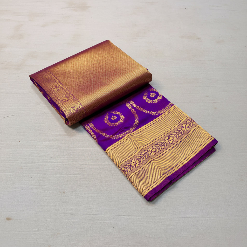 Purple and gold saree with intricate patterns on a light gray background
