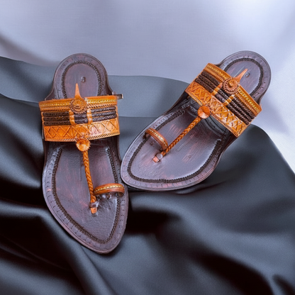 Karagiri  Kolhapuri Chappal for Men - Dark Brown and Cream