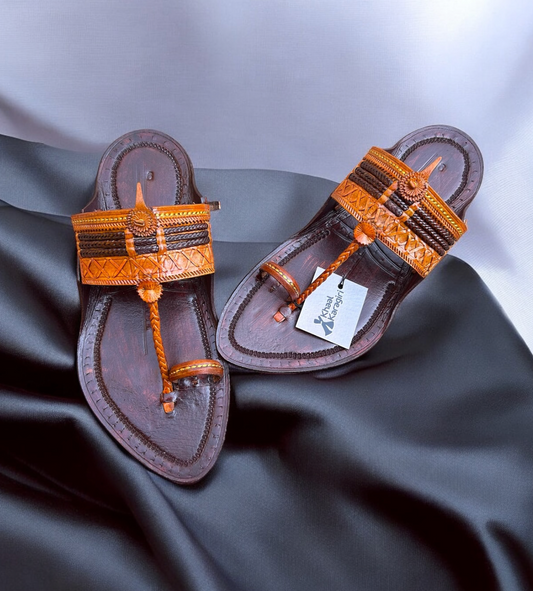 Khaal Kolhapuri Chappal for Men - Dark Brown and Cream