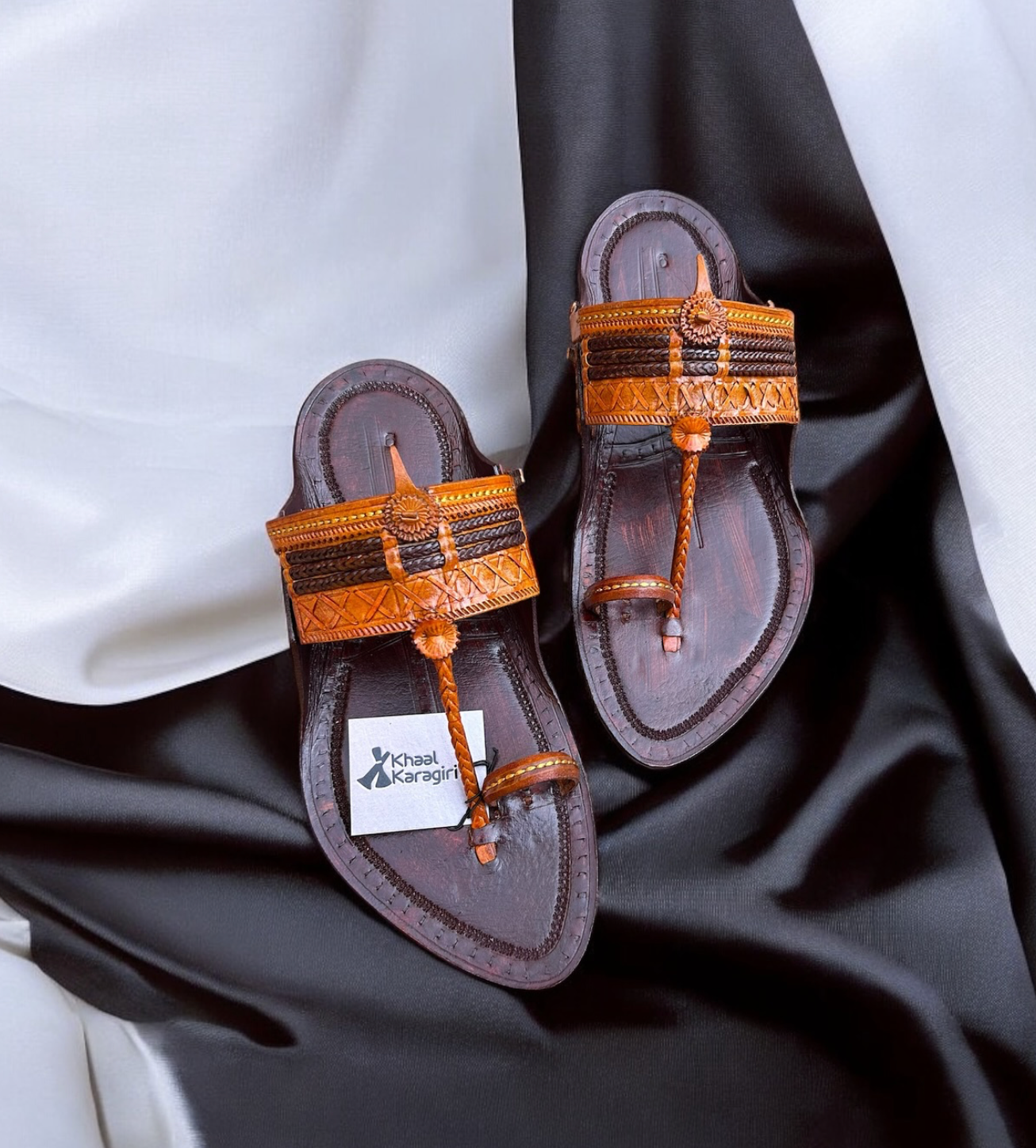 Khaal Kolhapuri Chappal for Men - Dark Brown and Cream