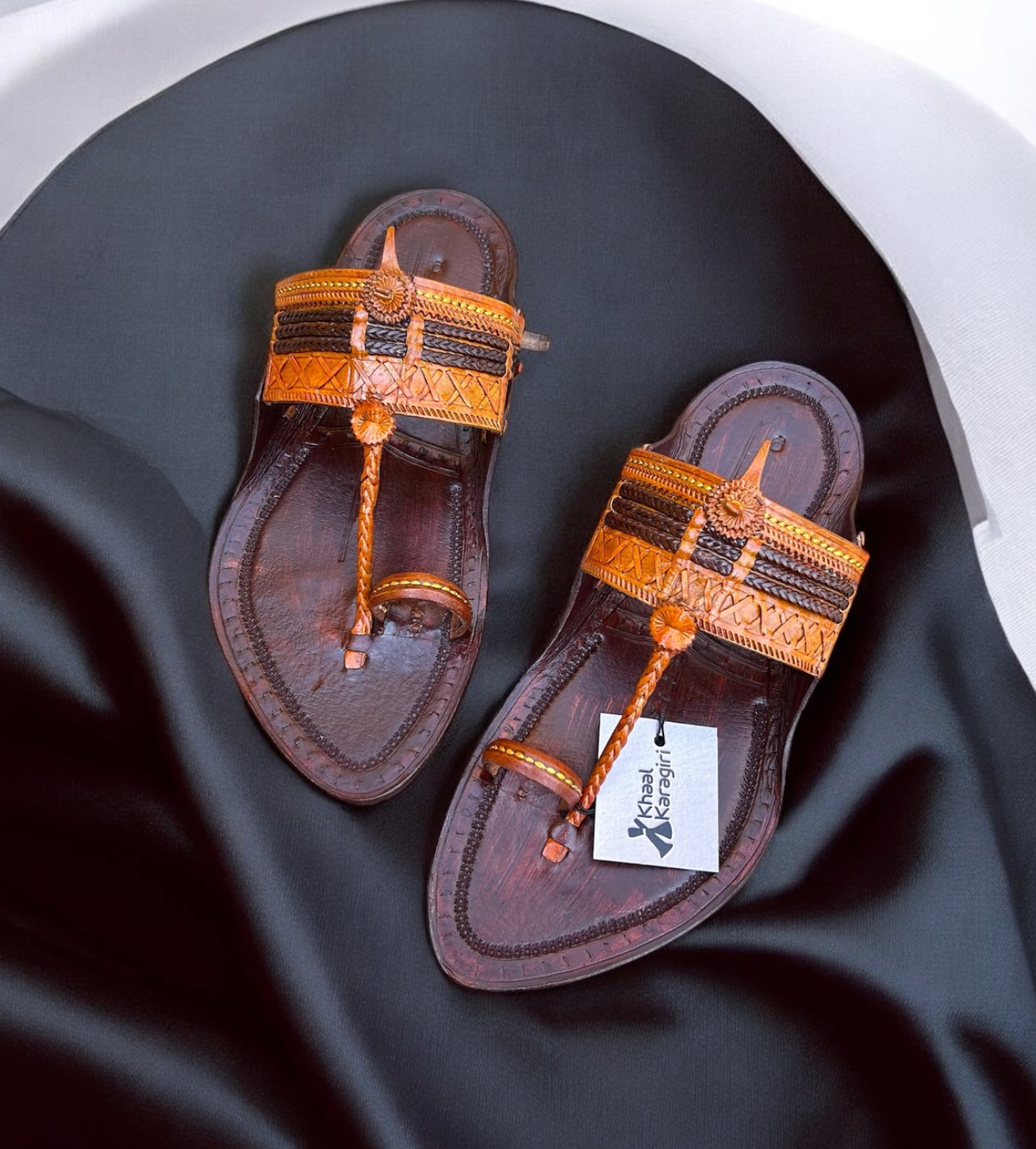 Khaal Kolhapuri Chappal for Men - Dark Brown and Cream