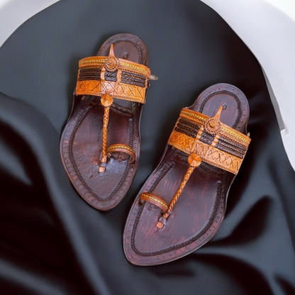 Karagiri  Kolhapuri Chappal for Men - Dark Brown and Cream