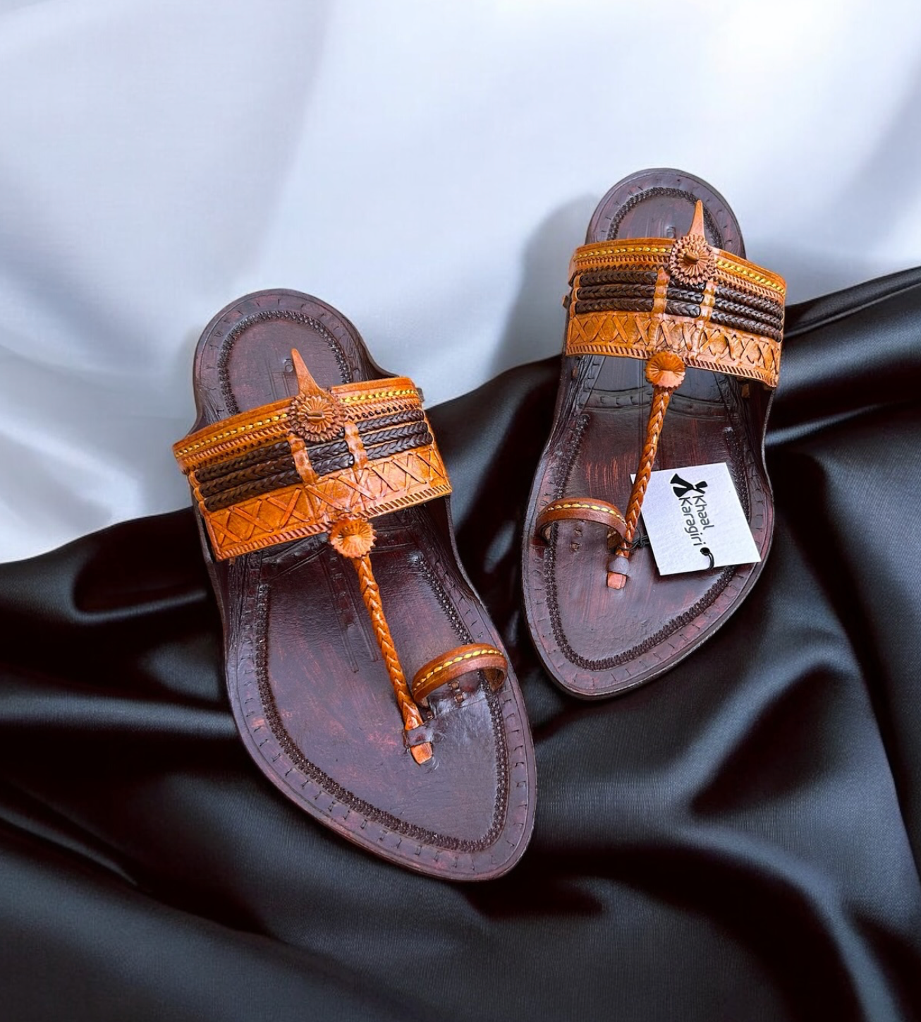 Khaal Kolhapuri Chappal for Men - Dark Brown and Cream