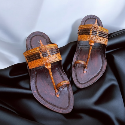 Karagiri  Kolhapuri Chappal for Men - Dark Brown and Cream