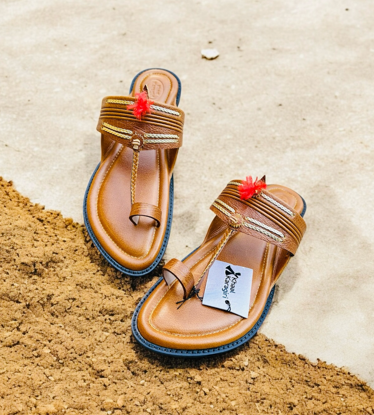 Khaal Kolhapuri Chappal for Men - Brown with Red Gonda