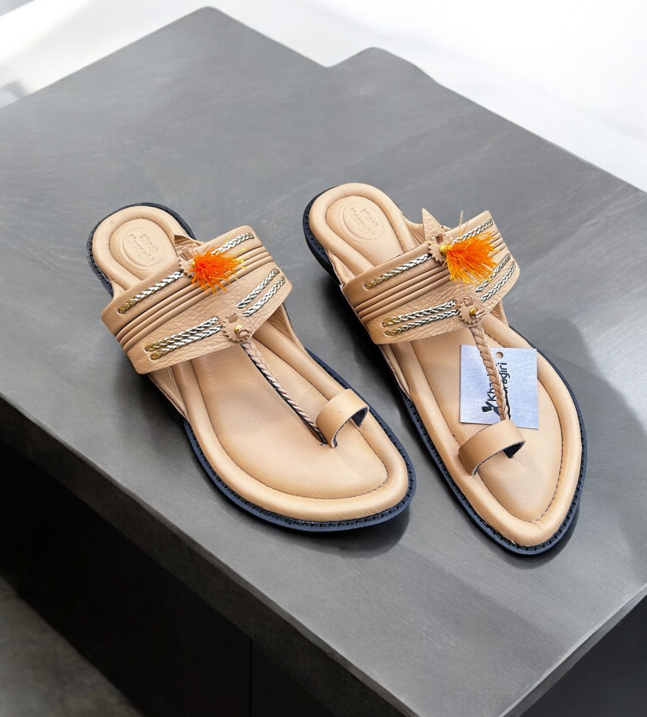 Khaal Kolhapuri Chappal for Men - Brown with Red Gonda