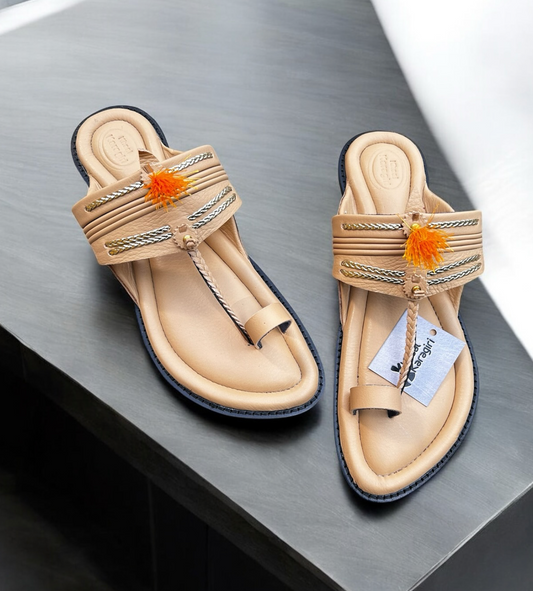 Khaal Kolhapuri Chappal for Men - Brown with Red Gonda