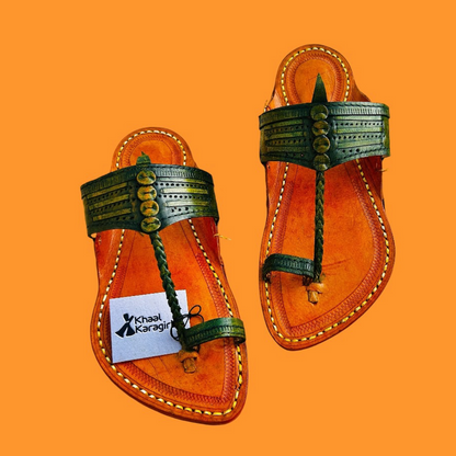 Khaal Kolhapuri Chappal for Men - Yellow and Green