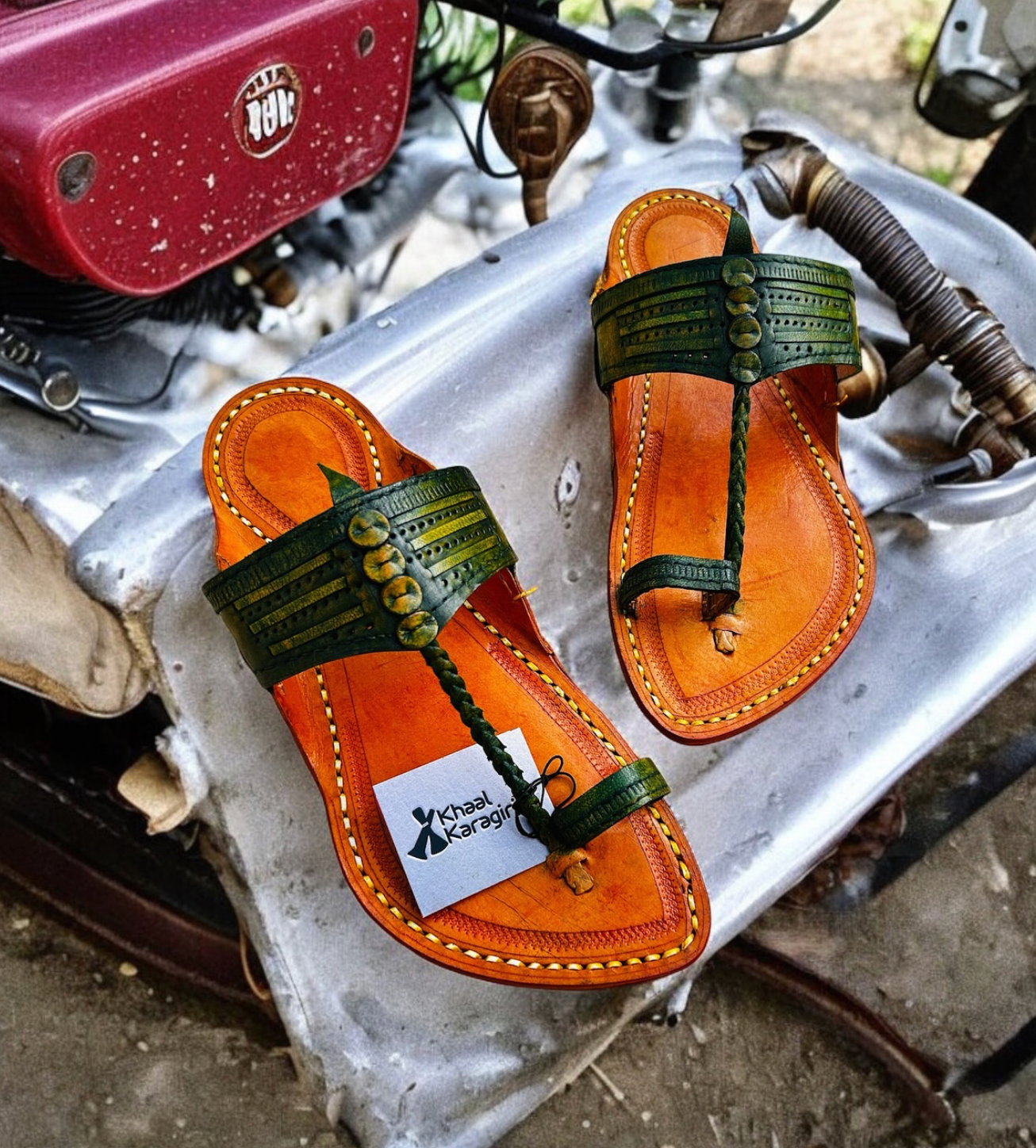 Khaal Kolhapuri Chappal for Men - Yellow and Green