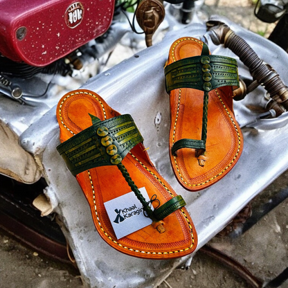 Khaal Kolhapuri Chappal for Men - Yellow and Green