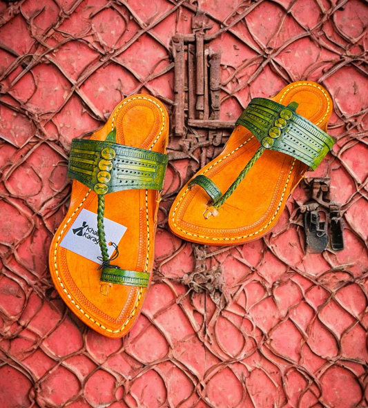Khaal Kolhapuri Chappal for Men - Yellow and Green