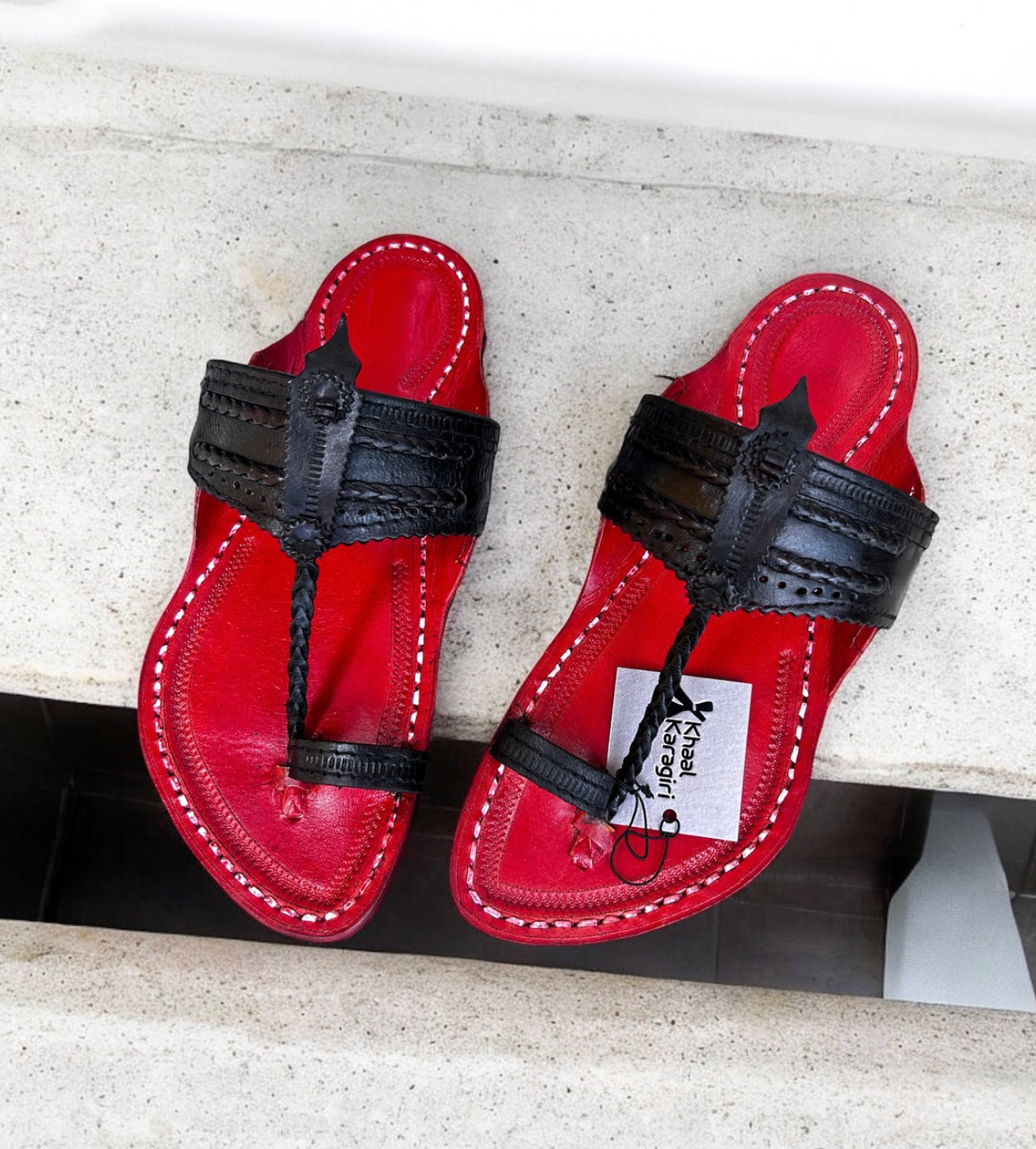 Khaal Kolhapuri Chappal for Men - Red and Black