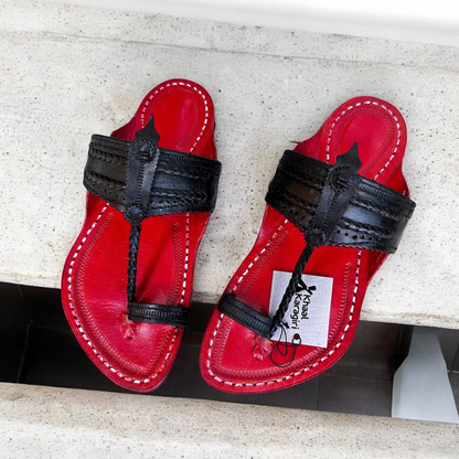 Khaal Kolhapuri Chappal for Men - Red and Black