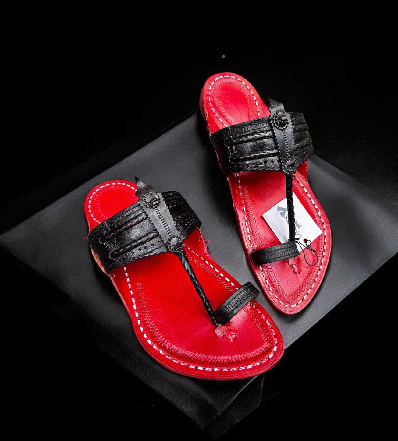Khaal Kolhapuri Chappal for Men - Red and Black