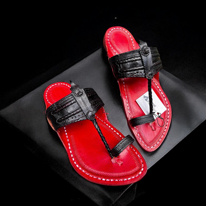 Khaal Kolhapuri Chappal for Men - Red and Black