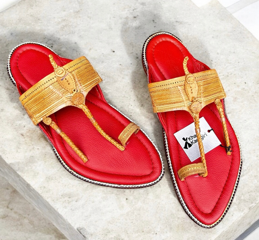 Khaal Kolhapuri Chappal for Men- Red and Brown