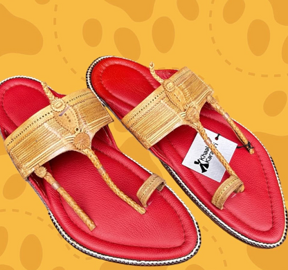 Khaal Kolhapuri Chappal for Men- Red and Brown