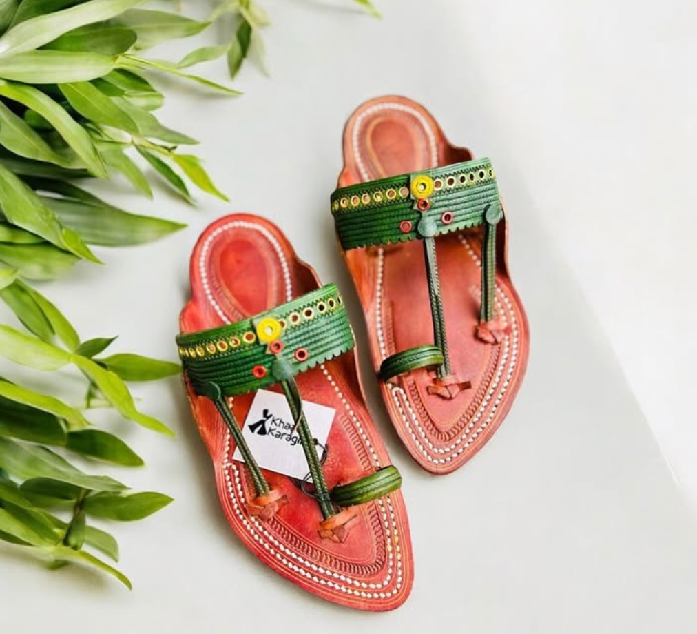 Khaal Kolhapuri Chappal for Men - Red and Green