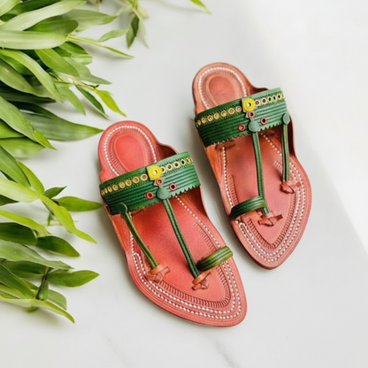 Khaal Kolhapuri Chappal for Men - Red and Green