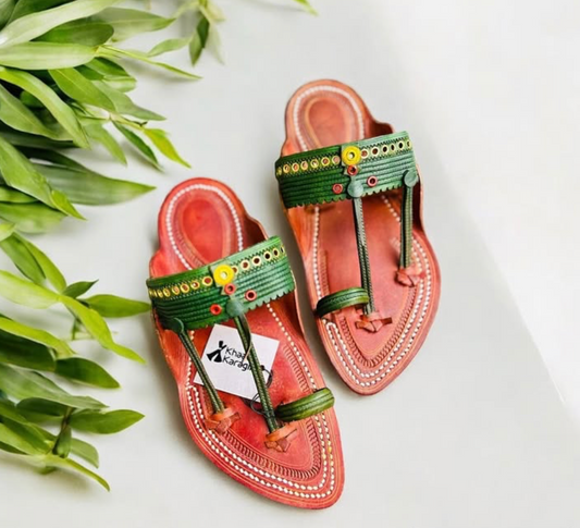 Khaal Kolhapuri Chappal for Men - Red and Green