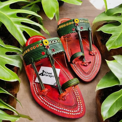 Khaal Kolhapuri Chappal for Men - Red and Green