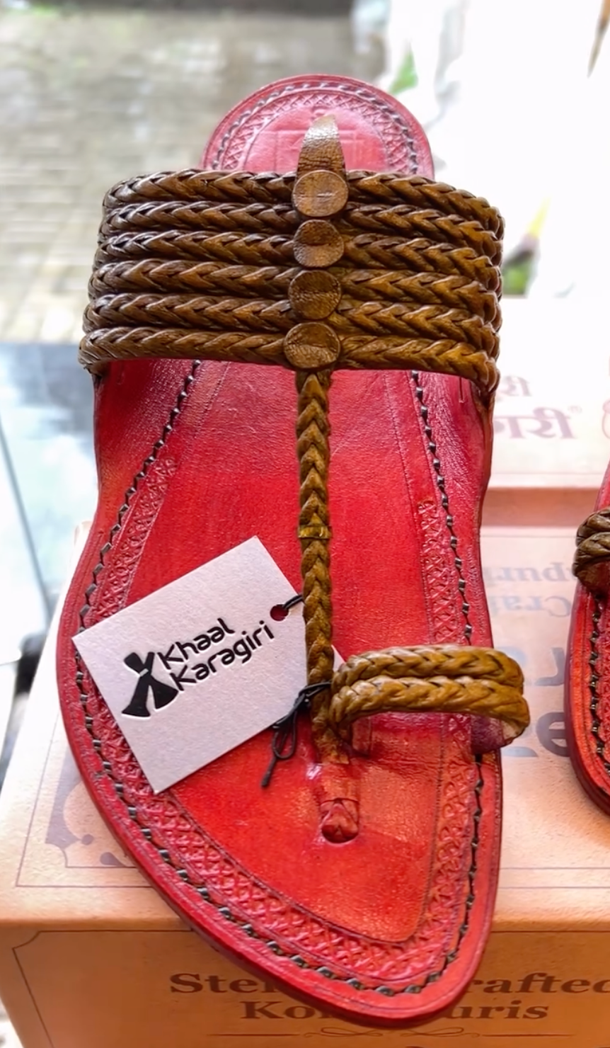 Khaal Kolhapuri Chappal for Men- Red