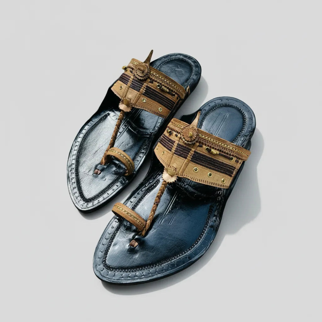 Karagiri  Kalamkari | Men | Leather Kolhapuri Chappal